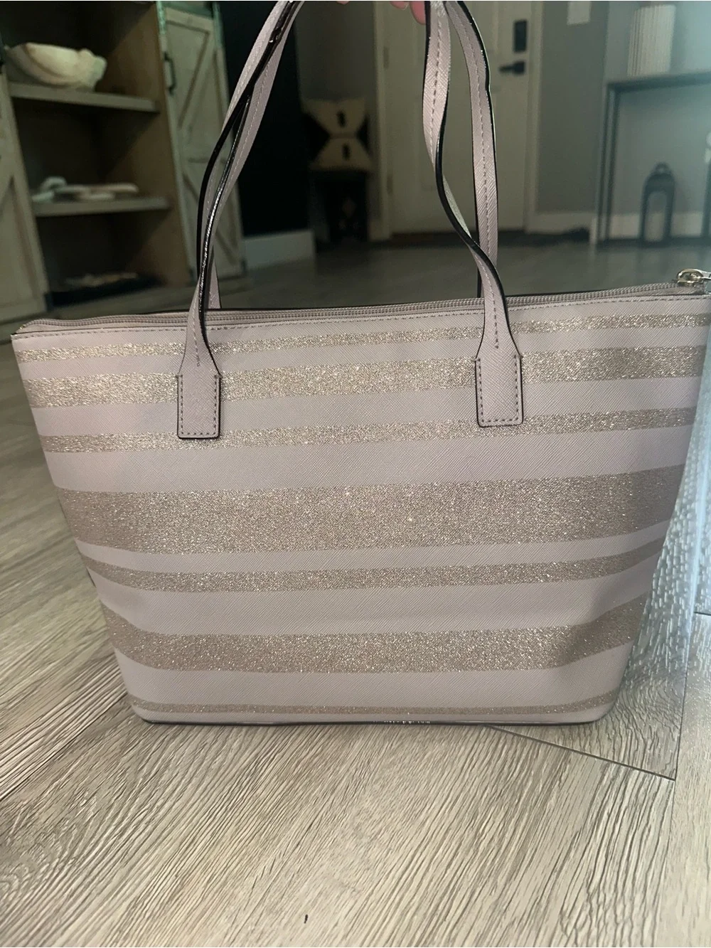 Kate Spade Haven Lane Hani Glitter Stripe Taupe Gold Stripe Shoulder Tote Bag